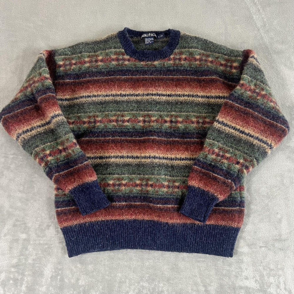 Vintage Nautica Sweater Mens Large Multicolor Wool Crewneck Knit Hong Kong 90s - Picture 1 of 8